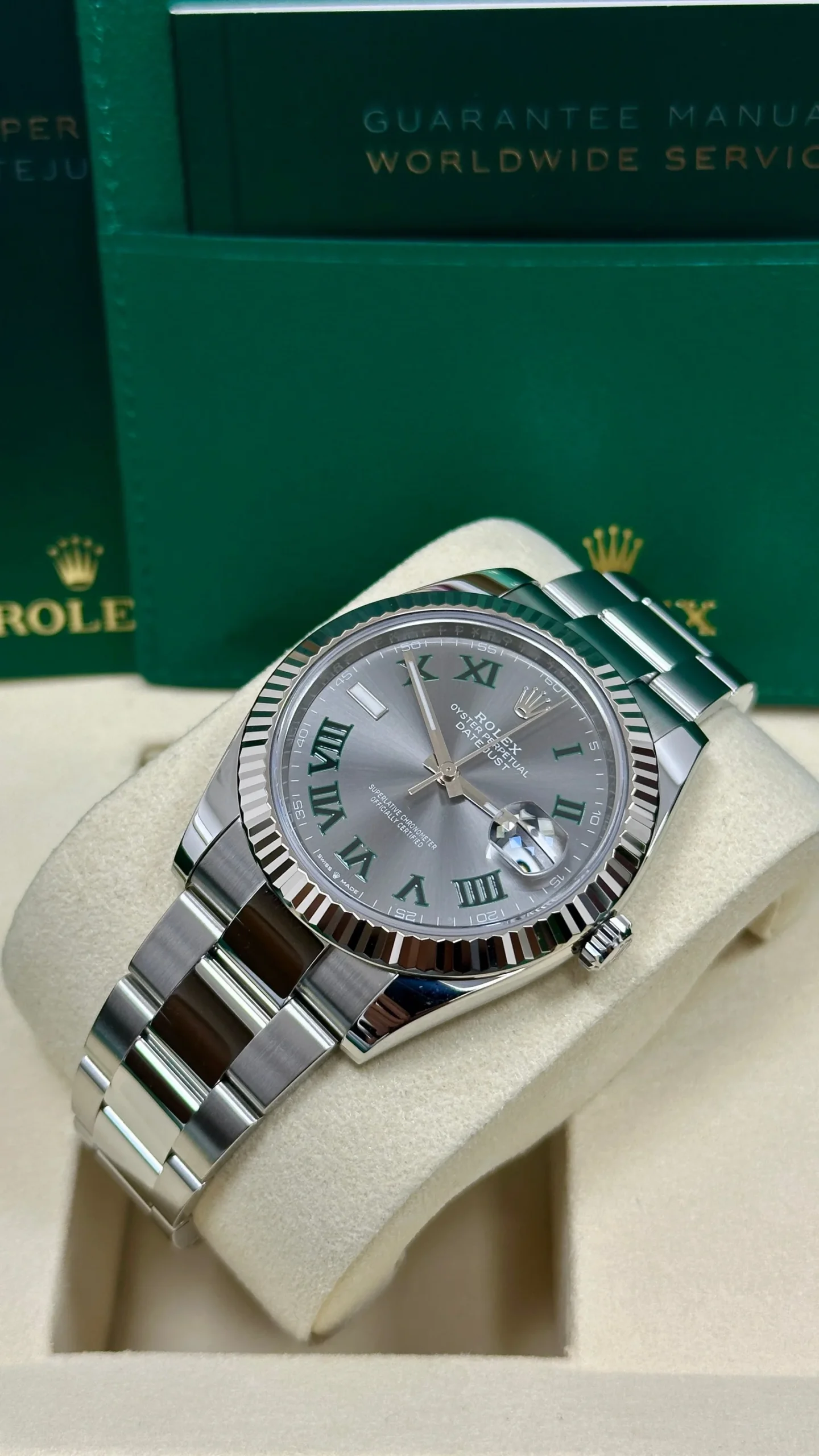 Datejust 41mm Wimbledon Slate and Green Roman Dial Fluted Bezel Oyster Bracelet 126334 - Image 5