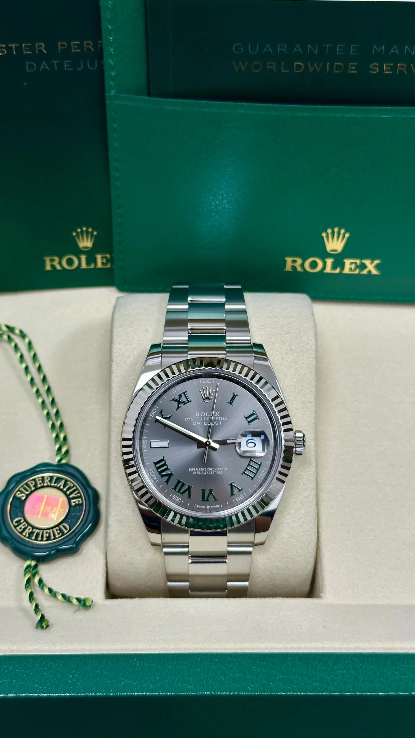 Datejust 41mm Wimbledon Slate and Green Roman Dial Fluted Bezel Oyster Bracelet 126334 - Image 3